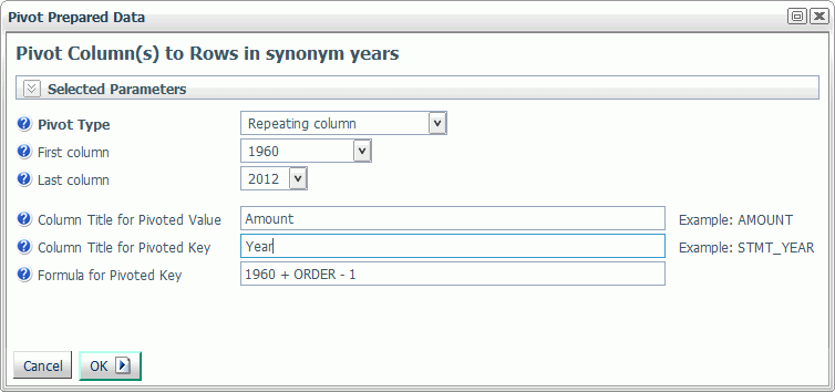 Pivot Prepared Data dialog box for clumns