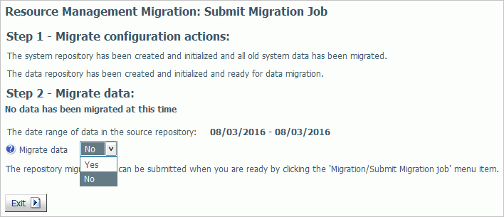 Migrate Data drop-down menu