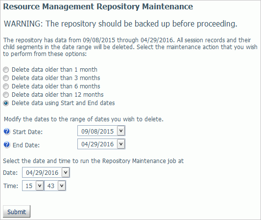 Resource Management Repository Maintenance pane