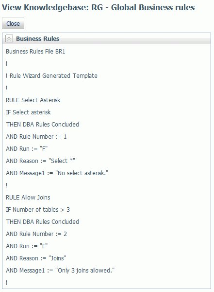 View Knowledgebase Rules window