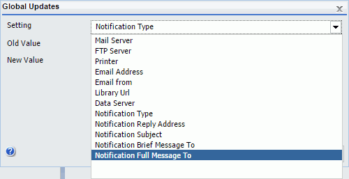 A drop-down list showing all settings that can be updated globally.