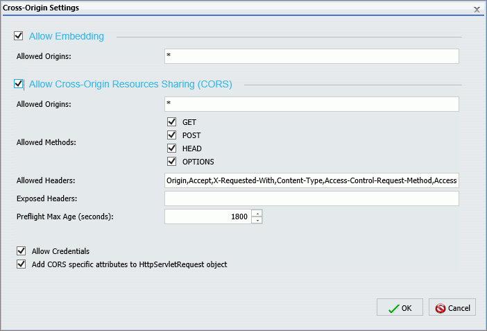 The Cross-Origin Settings dialog box with the Allow Embedding and Allow Cross-Origin Resource Sharing CORS check boxes selected, and all of the other features available and set to their default values.