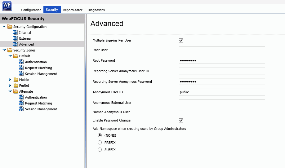 The Administration Console Security Tab Advanced page, displaying the setting Add namespace when creating users by Group Administrators and its three options, None, Prefix, and Suffix.