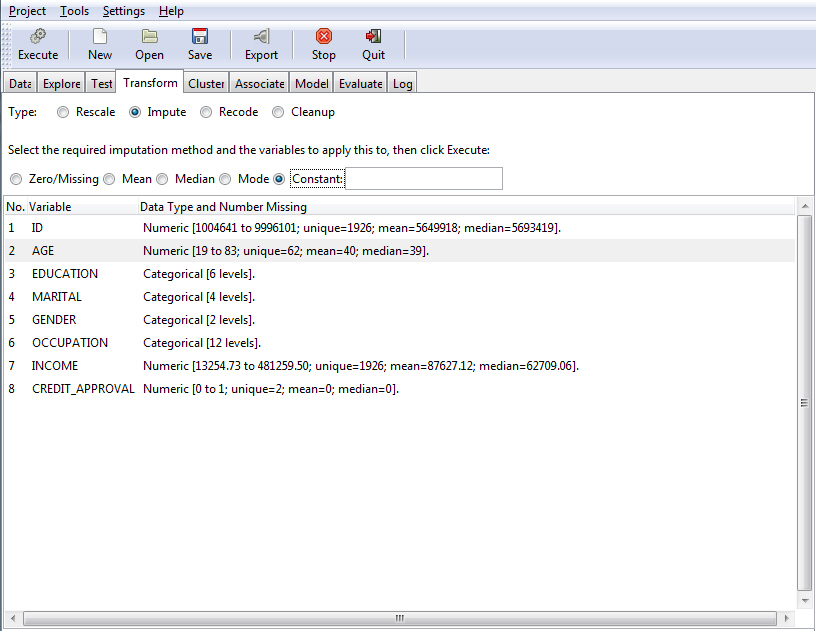 Impute options button in the Transform tab