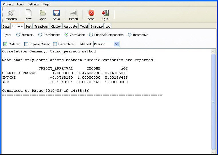 Correlations option button in RStat output window