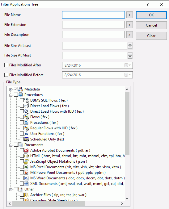 Filter Application Tree dialog box