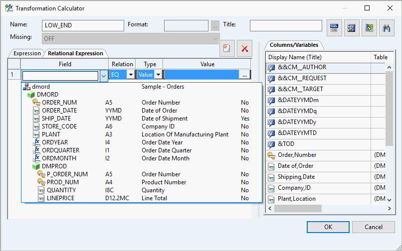 Transformations Calculator dialog box