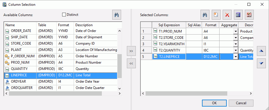 Column Selection dialog box