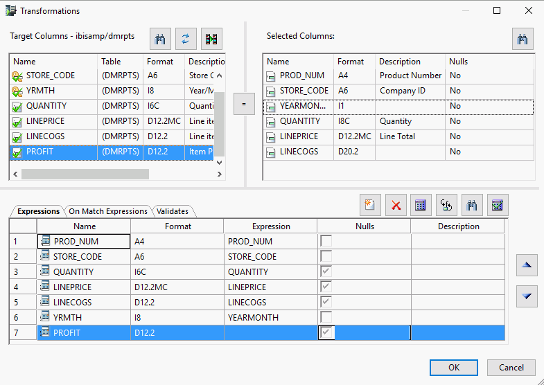 Transformations dialog box