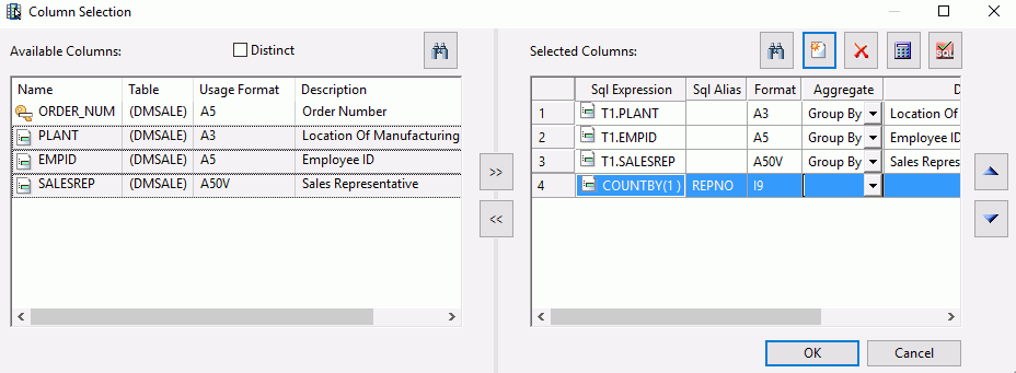 Column Selection dialog box