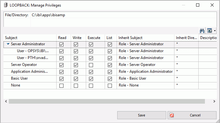 Manage Privileges dialog box