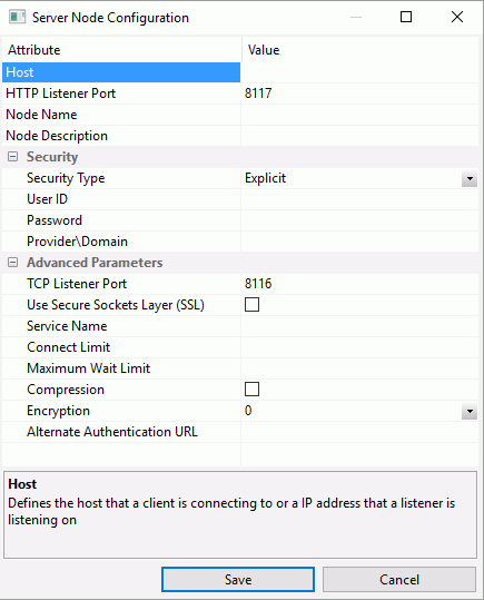 Server Node Configuration dialog box
