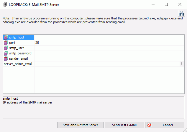 E-Mail SMTP Server dialog box