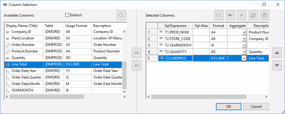 Column Selection dialog box