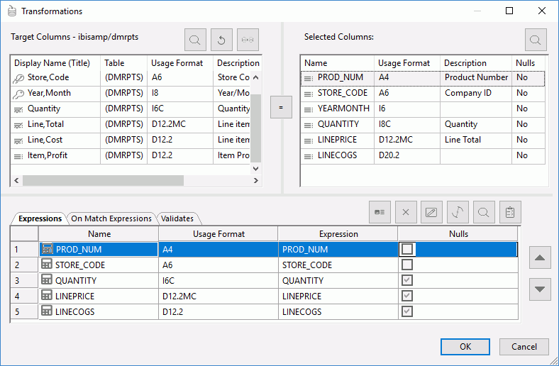 Transformations dialog box