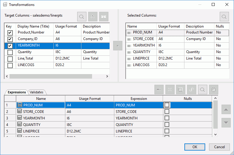 Transformations dialog box with 3 key fields