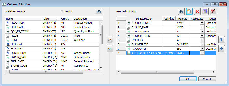 Column Selection window