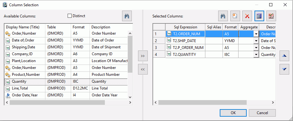 Column Selection dialog box