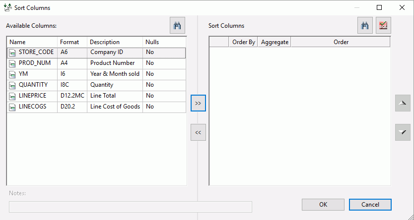 Sort Columns dialog box