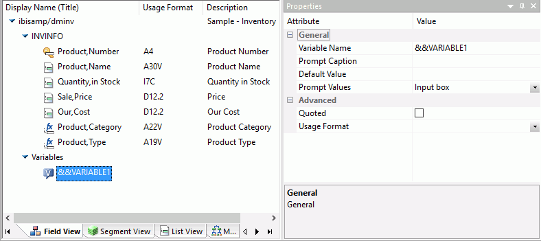 Variable properties pane