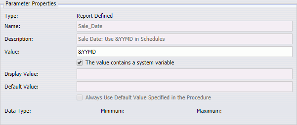 The Task Parameters dialog box. The the value contains a system variable check box is selected