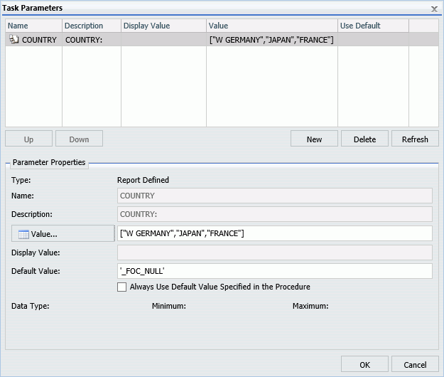 An image showing the Task Parameters dialog box. The COUNTRY filter is selected.