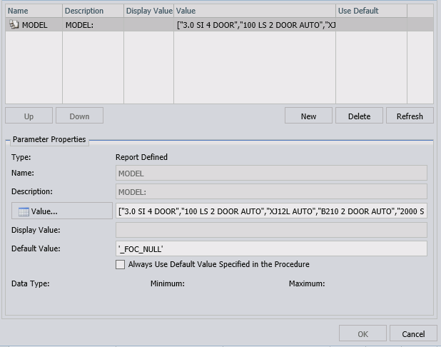 An image showing the Task Parameters dialog box. The MODEL parameter has been selected.