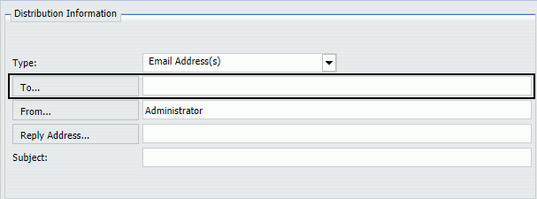 The Distribution Information section, accessed when setting email distribution options in both Scheduling tools. The To field is highlighted.